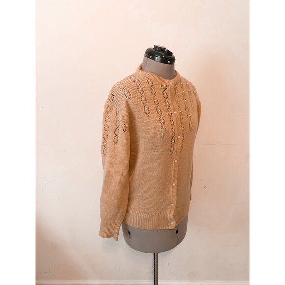Vintage 80s Carmel Brown Beaded Knit Cardigan Sweater Size Medium - Picture 5 of 10